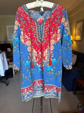 NLW Bohemian Ethnic Print Tassel Split-Neck Shift Tunic Dress, Size L